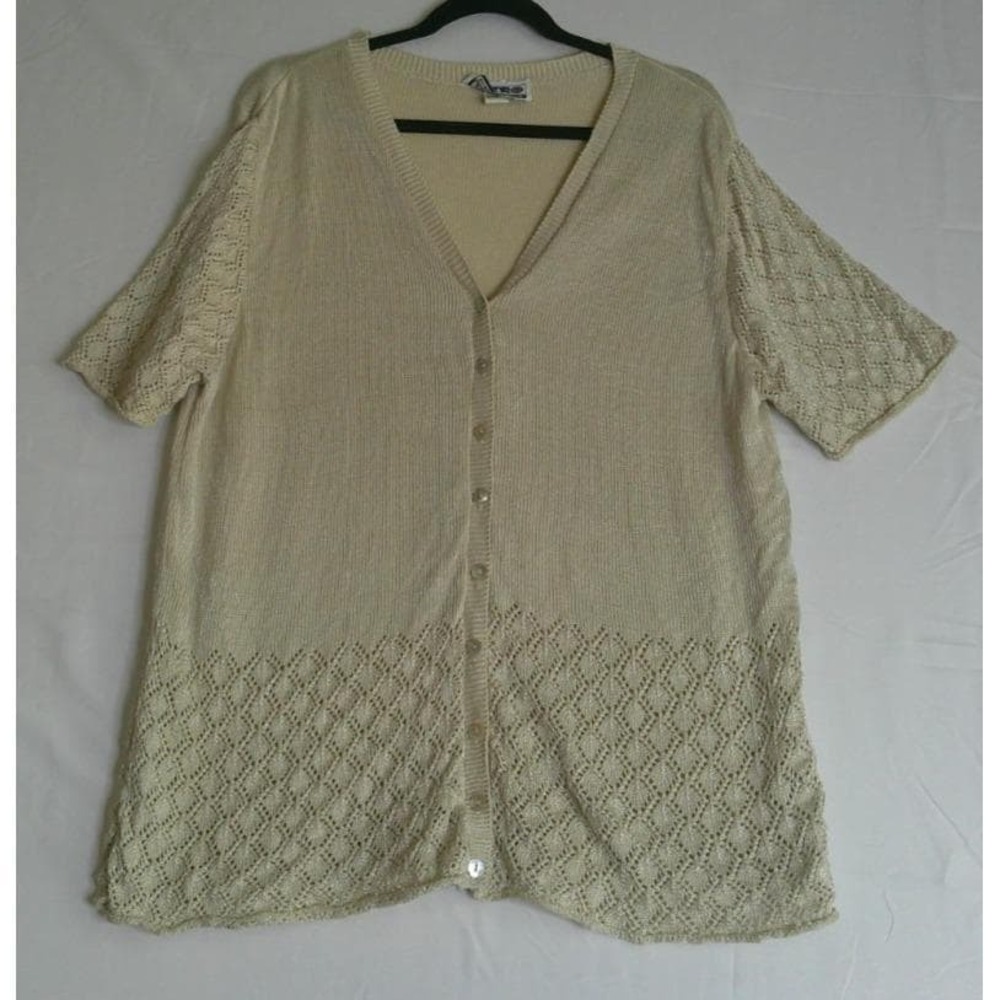 Retro by Renaissance Women 2X Cardigan Sweater Cream Pointelle Knit Short Sleeve